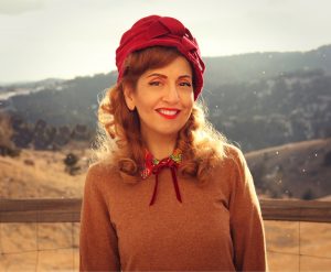 Crewneck sweater with vintage dress and hat