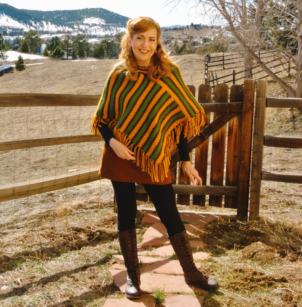 Orange and green knit poncho